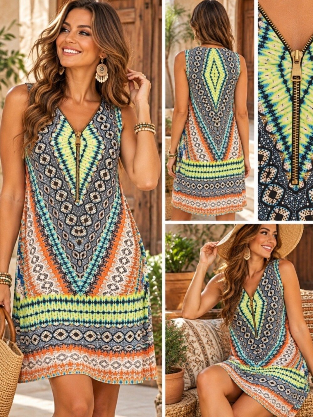 MSK Women’s Small Multicolor Boho Tribal Print Sleeveless Zip Front Dress